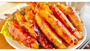 完成したじゃがいもの豚バラ巻き照り焼き
