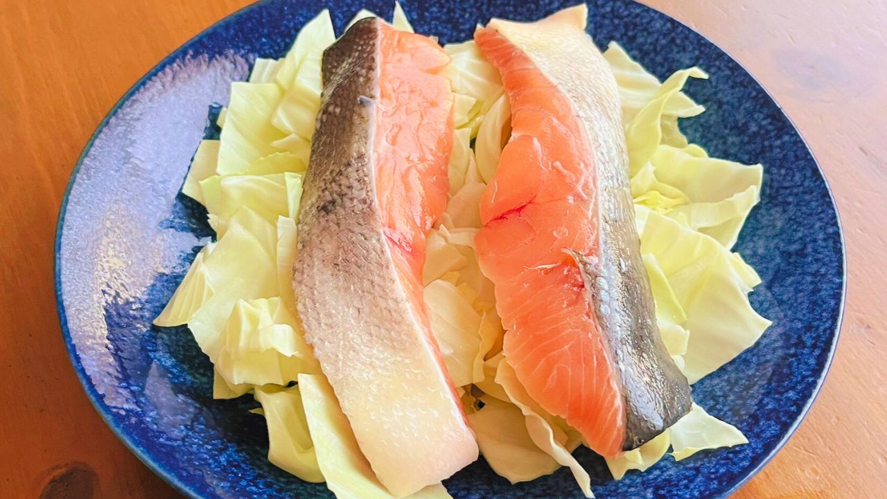 ざく切りキャベツの上に鮭を重ならないようにのせたところ